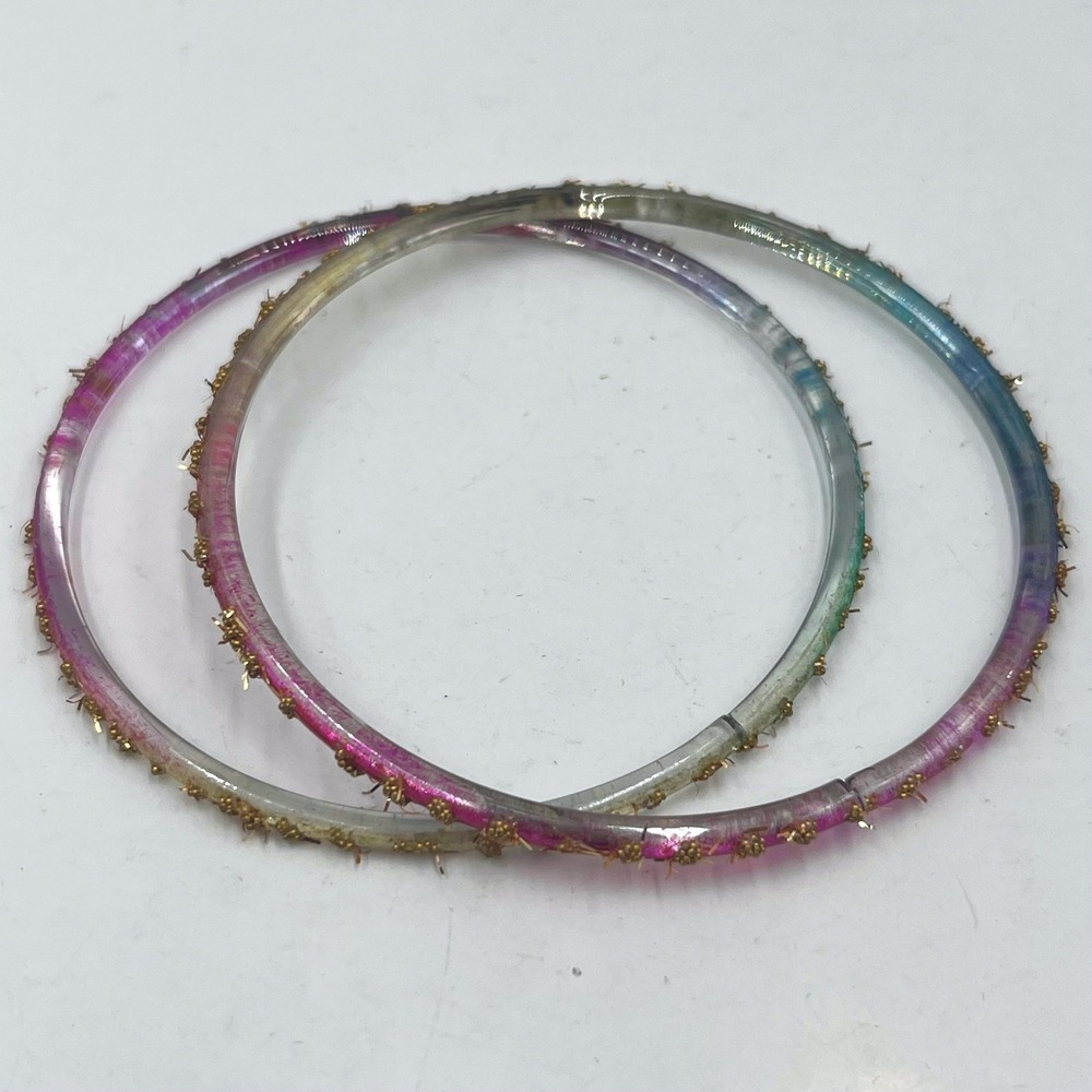 Vintage Set of 3 Glass Bangles Pink‎ Blue Clear Gold Floral Tinsel Detail Size 7